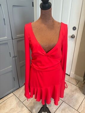 Fashion Nova Bright Red Long-Sleeve V-Neck Ruffle Dress